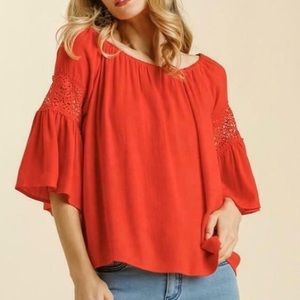 Umgee Crochet Lace Detail Bell Sleeve Off-the-Shoulder Linen Blend Blouse